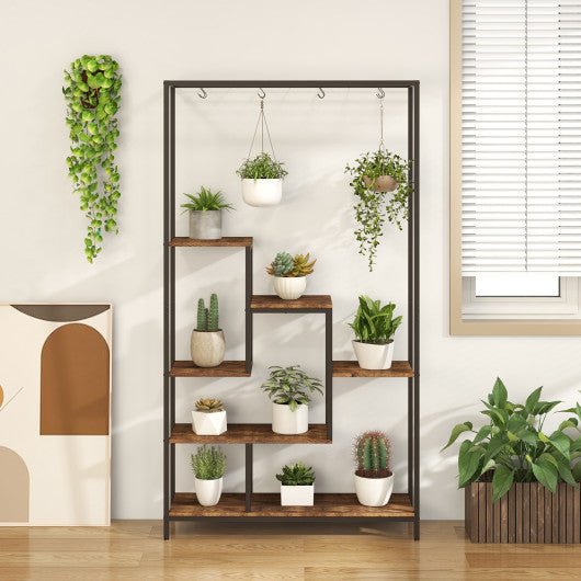  - 6 - Tier Tall Plant Stand 71 Inch Metal Indoor Plant Shelf with 10 Hanging Hooks - Outdoor Style Company