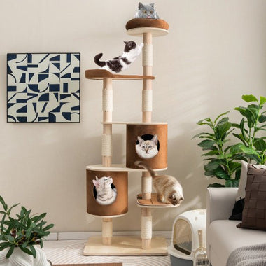  - 6 - Tier Wooden Cat Tree with 2 Removeable Condos Platforms and Perch - Outdoor Style Company