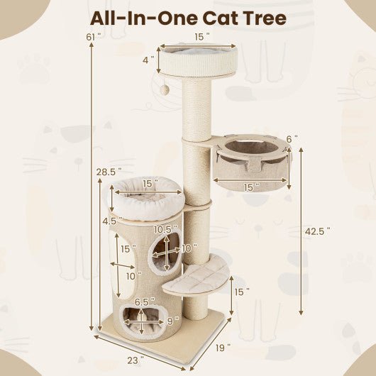  - 61 Inches Cat Tree for Indoor Cats with 2 - stoery Condo and Top Perch - Outdoor Style Company