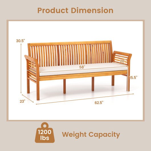  - 62.5 Inches Patio 3 - Seat Wood Bench with Soft Seat Cushions - Outdoor Style Company