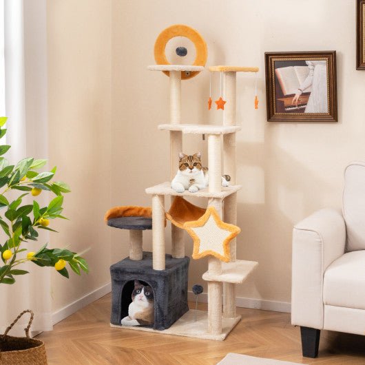  - 63 Inch Multi - level Cat Tower with Scratching Board and Toys - Outdoor Style Company