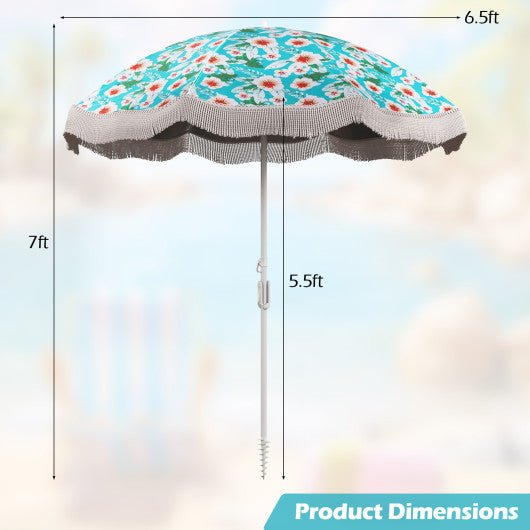  - 6.5 FT Beach Umbrella with Fringe Outdoor Tassel Umbrella with Push Button Tilt - Outdoor Style Company