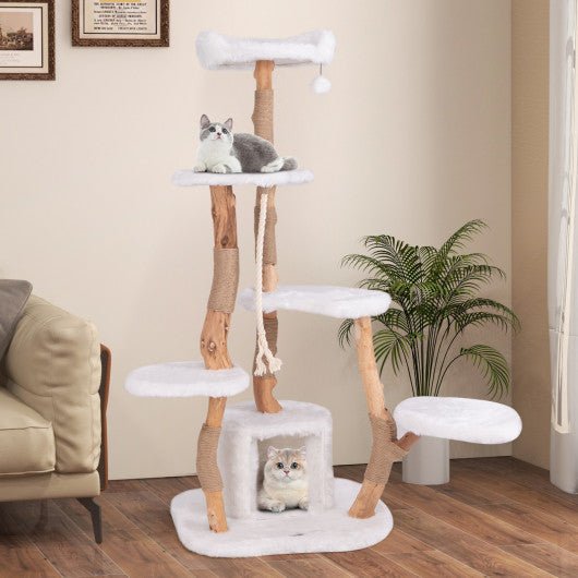  - 66 Inch Tall Solid Wood Cat Tree Modern Wooden Cat Tower with Perch - Outdoor Style Company