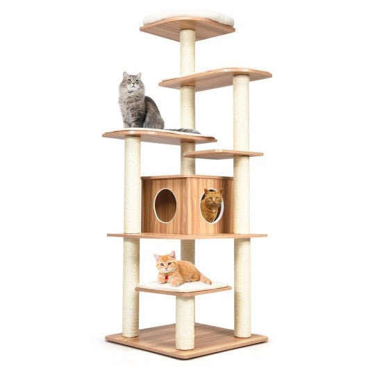 - 7 - Layer Wooden Cat Tree Tall Cat Tower with Sisal Posts and Condo - Outdoor Style Company