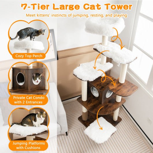  - 7 - Layer Wooden Cat Tree Tall Cat Tower with Sisal Posts and Condo - Outdoor Style Company