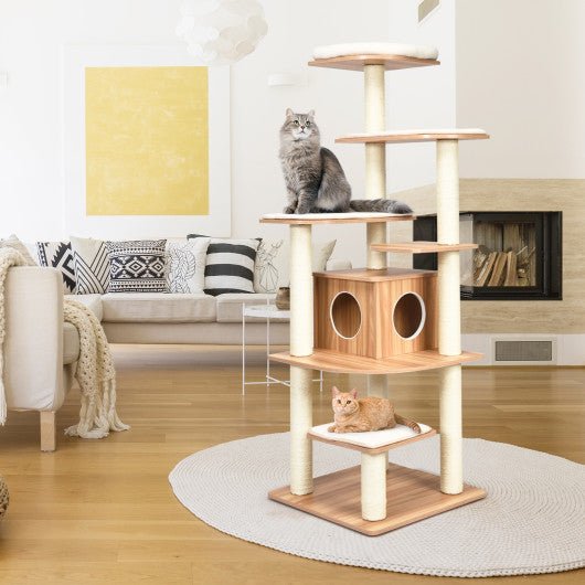  - 7 - Layer Wooden Cat Tree Tall Cat Tower with Sisal Posts and Condo - Outdoor Style Company
