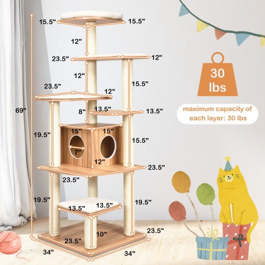  - 7 - Layer Wooden Cat Tree Tall Cat Tower with Sisal Posts and Condo - Outdoor Style Company