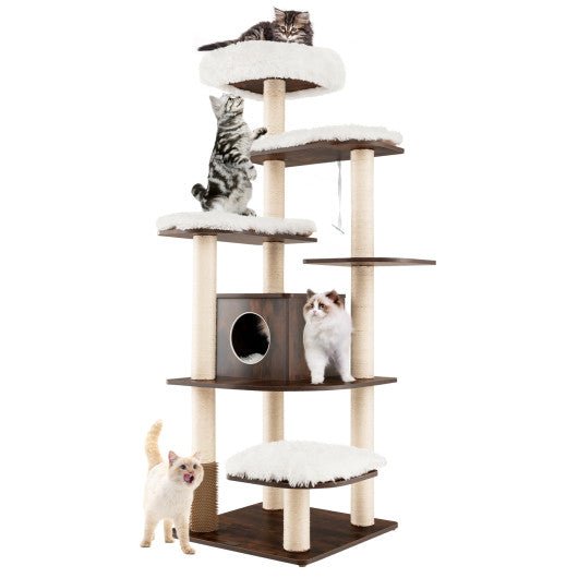  - 7 - Layer Wooden Cat Tree Tall Cat Tower with Sisal Posts and Condo - Outdoor Style Company