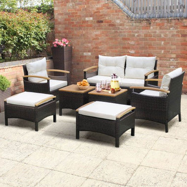  - 7 Piece Rattan Patio Sofa Set with Acacia Wood Tabletop and Armrests - Outdoor Style Company