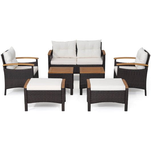  - 7 Piece Rattan Patio Sofa Set with Acacia Wood Tabletop and Armrests - Outdoor Style Company