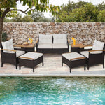  - 7 Piece Rattan Patio Sofa Set with Acacia Wood Tabletop and Armrests - Outdoor Style Company