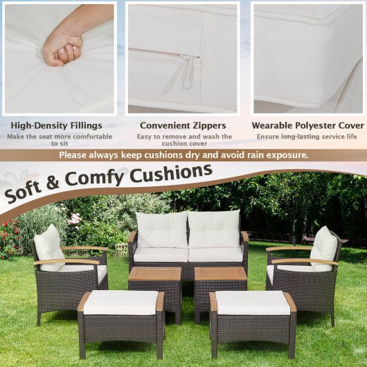  - 7 Piece Rattan Patio Sofa Set with Acacia Wood Tabletop and Armrests - Outdoor Style Company