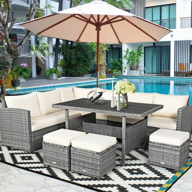  - 7 Pieces Patio Rattan Dining Furniture Sectional Sofa Set with Wicker Ottoman - Outdoor Style Company