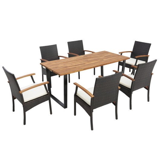 7 Pieces Patio Rattan Dining Set with Umbrella Hole-L-shaped Handrail