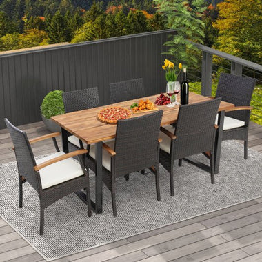  - 7 Pieces Patio Rattan Dining Set with Umbrella Hole - L - shaped Handrail - Outdoor Style Company