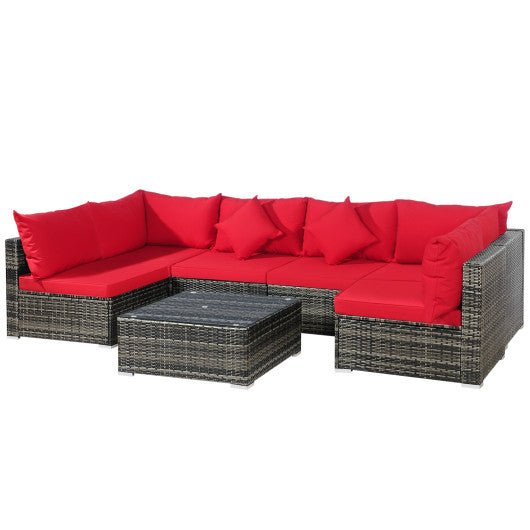  - 7 Pieces Patio Rattan Furniture Set Sectional Sofa Garden Cushion - Red - Outdoor Style Company