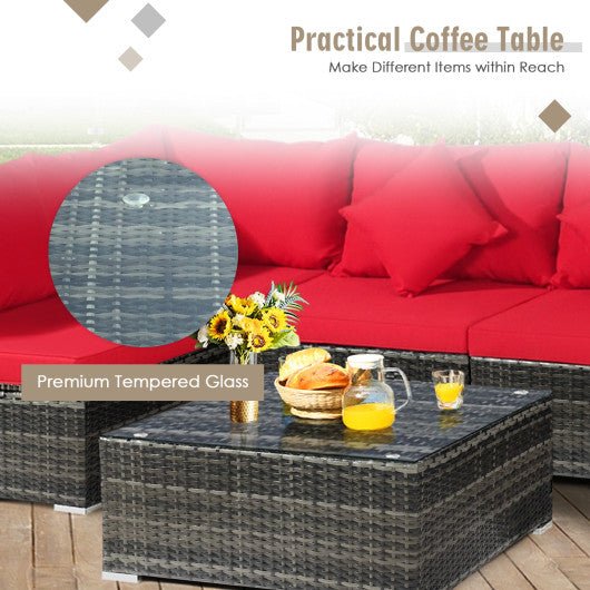  - 7 Pieces Patio Rattan Furniture Set Sectional Sofa Garden Cushion - Red - Outdoor Style Company