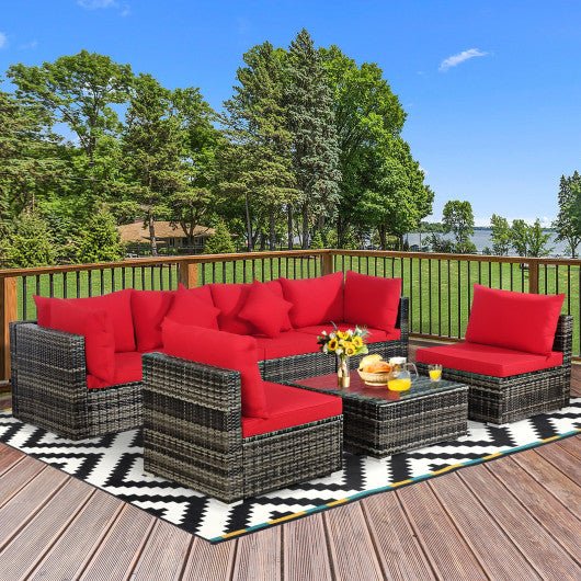  - 7 Pieces Patio Rattan Furniture Set Sectional Sofa Garden Cushion - Red - Outdoor Style Company