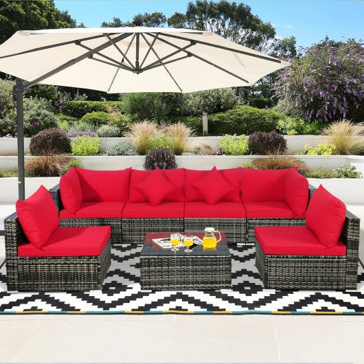  - 7 Pieces Patio Rattan Furniture Set Sectional Sofa Garden Cushion - Red - Outdoor Style Company