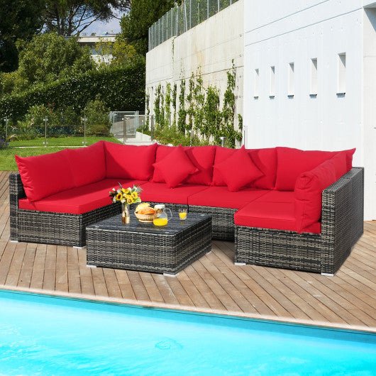  - 7 Pieces Patio Rattan Furniture Set Sectional Sofa Garden Cushion - Red - Outdoor Style Company