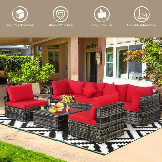  - 7 Pieces Patio Rattan Furniture Set Sectional Sofa Garden Cushion - Red - Outdoor Style Company