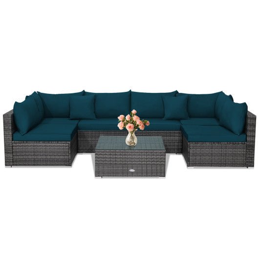  - 7 Pieces Patio Rattan Furniture Set with Sectional Sofa Cushioned - Green - Outdoor Style Company