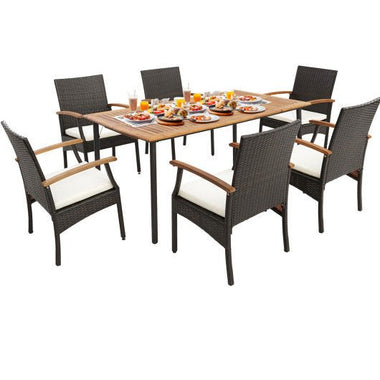  - 7 Pieces Patio Wicker Cushioned Dining Set with Wood Armrest and Umbrella Hole - Outdoor Style Company