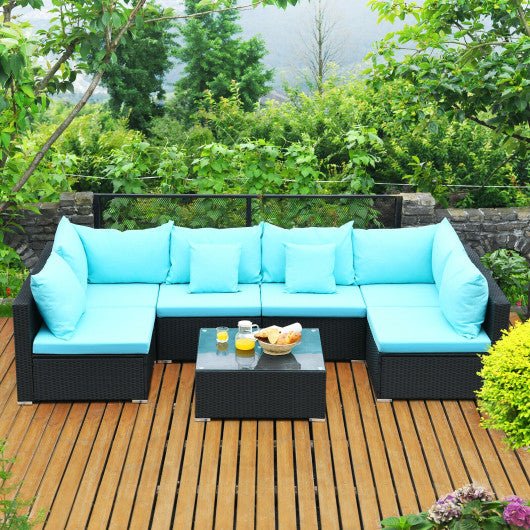  - 7 Pieces Sectional Wicker Furniture Sofa Set with Tempered Glass Top - Outdoor Style Company