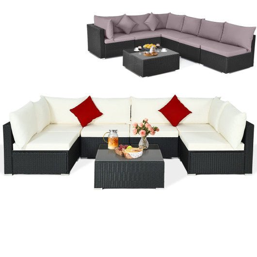  - 7 Pieces Sectional Wicker Furniture Sofa Set with Tempered Glass Top - Outdoor Style Company