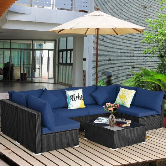  - 7 Pieces Sectional Wicker Furniture Sofa Set with Tempered Glass Top - Outdoor Style Company