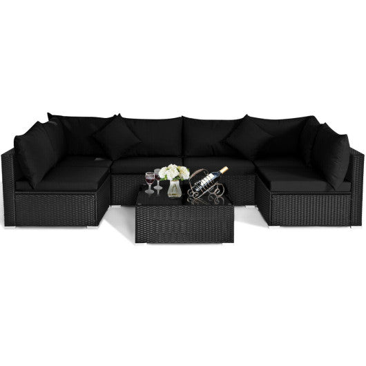  - 7 Pieces Sectional Wicker Furniture Sofa Set with Tempered Glass Top - Outdoor Style Company