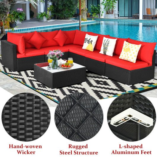  - 7 Pieces Sectional Wicker Furniture Sofa Set with Tempered Glass Top - Outdoor Style Company