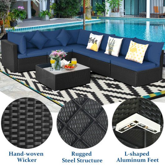  - 7 Pieces Sectional Wicker Furniture Sofa Set with Tempered Glass Top - Outdoor Style Company