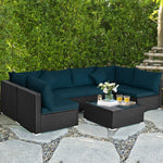  - 7 Pieces Sectional Wicker Furniture Sofa Set with Tempered Glass Top - Peacock Blue - Outdoor Style Company