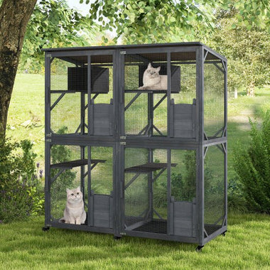  - 72 Inch Large Wooden Cat House Catio Kitten Enclosure on Wheels with Weatherproof Asphalt Roof - Outdoor Style Company