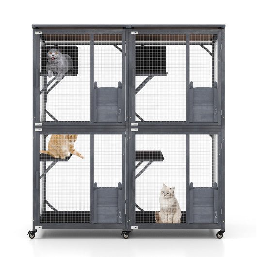  - 72 Inch Large Wooden Cat House Catio Kitten Enclosure on Wheels with Weatherproof Asphalt Roof - Outdoor Style Company