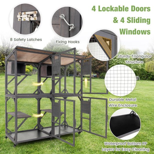  - 72 Inch Large Wooden Cat House Catio Kitten Enclosure on Wheels with Weatherproof Asphalt Roof - Outdoor Style Company