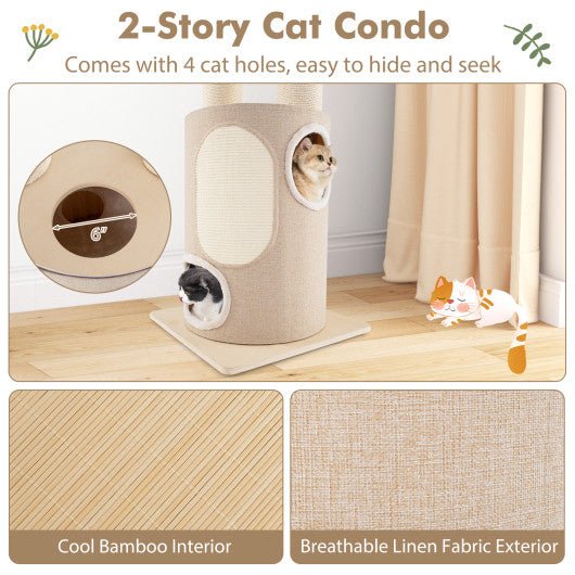  - 74 Inches Tall Wooden Cat Tower Tree with 2 - Story Cat Condo and Washable Cushions - Outdoor Style Company