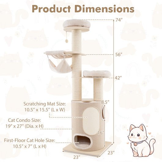  - 74 Inches Tall Wooden Cat Tower Tree with 2 - Story Cat Condo and Washable Cushions - Outdoor Style Company