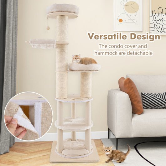  - 74 Inches Tall Wooden Cat Tower Tree with 2 - Story Cat Condo and Washable Cushions - Outdoor Style Company