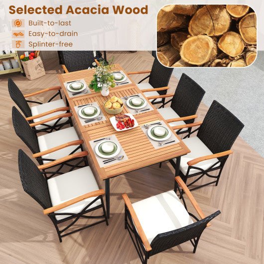  - 79 Inch Outdoor Acacia Wood Dining Table and 8 Rattan - woven Dining Chairs with Umbrella Hole - Outdoor Style Company