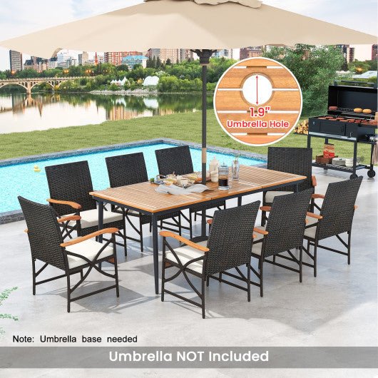  - 79 Inch Outdoor Acacia Wood Dining Table and 8 Rattan - woven Dining Chairs with Umbrella Hole - Outdoor Style Company