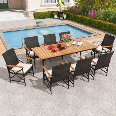  - 79 Inch Outdoor Acacia Wood Dining Table and 8 Rattan - woven Dining Chairs with Umbrella Hole - Outdoor Style Company