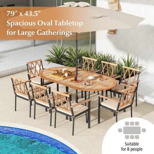  - 79 Inch Oval Patio Dining Table with Umbrella Hole and Acacia Wood Tabletop for 8 People - Outdoor Style Company