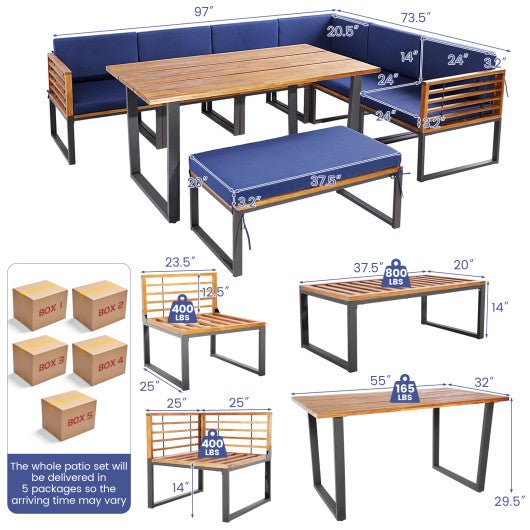  - 8 Pieces Patio Acacia Wood Dining Table Set with Ottoman Cushions - Outdoor Style Company