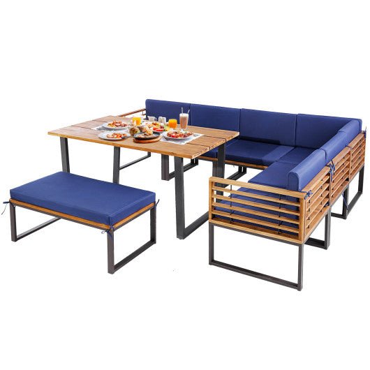  - 8 Pieces Patio Acacia Wood Dining Table Set with Ottoman Cushions - Outdoor Style Company