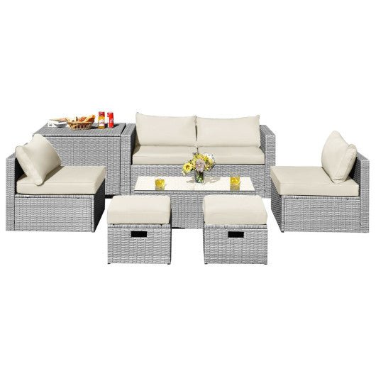  - 8 Pieces Patio Rattan Furniture Set with Storage Waterproof Cover and Cushion - Off White - Outdoor Style Company