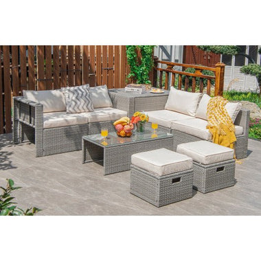  - 8 Pieces Patio Rattan Furniture Set with Storage Waterproof Cover and Cushion - Off White - Outdoor Style Company