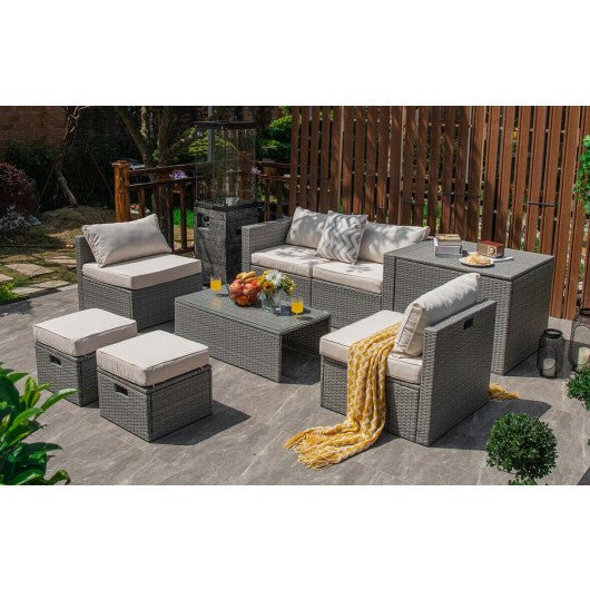  - 8 Pieces Patio Rattan Furniture Set with Storage Waterproof Cover and Cushion - Off White - Outdoor Style Company