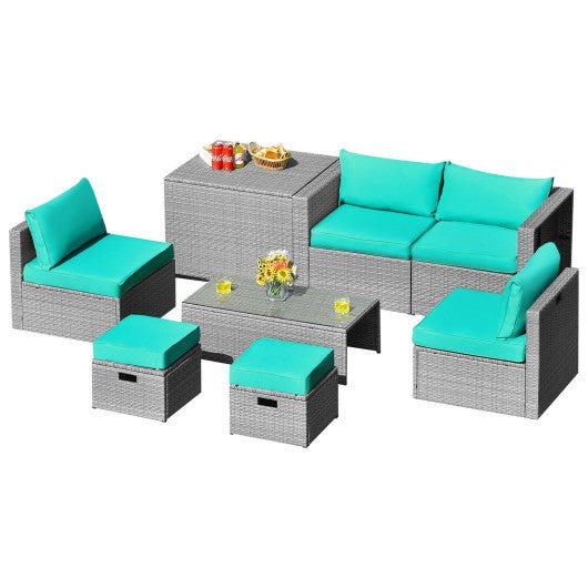  - 8 Pieces Patio Rattan Furniture Set with Storage Waterproof Cover and Cushion - Turquoise - Outdoor Style Company